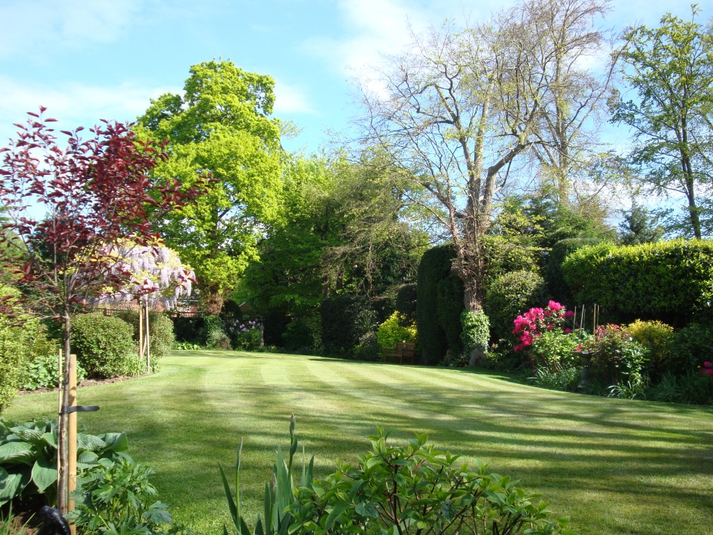 Image of an English garden with a freshly mowed lawn